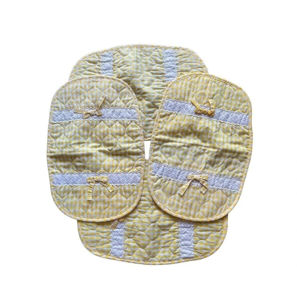 4 Adorable Vintage Quilted Placemats Yellow Checkered Quilted w/ Bows 70’s 80’s